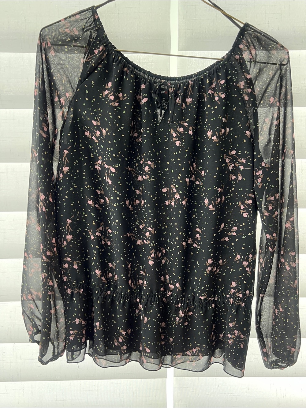 Style & Co. Black Sheer Long-Sleeve Floral Blouse with Pink Accents